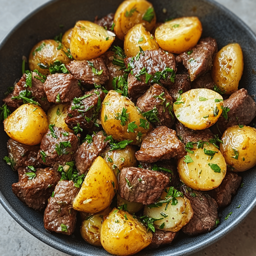 Garlic Butter Beef Bites and Potatoes