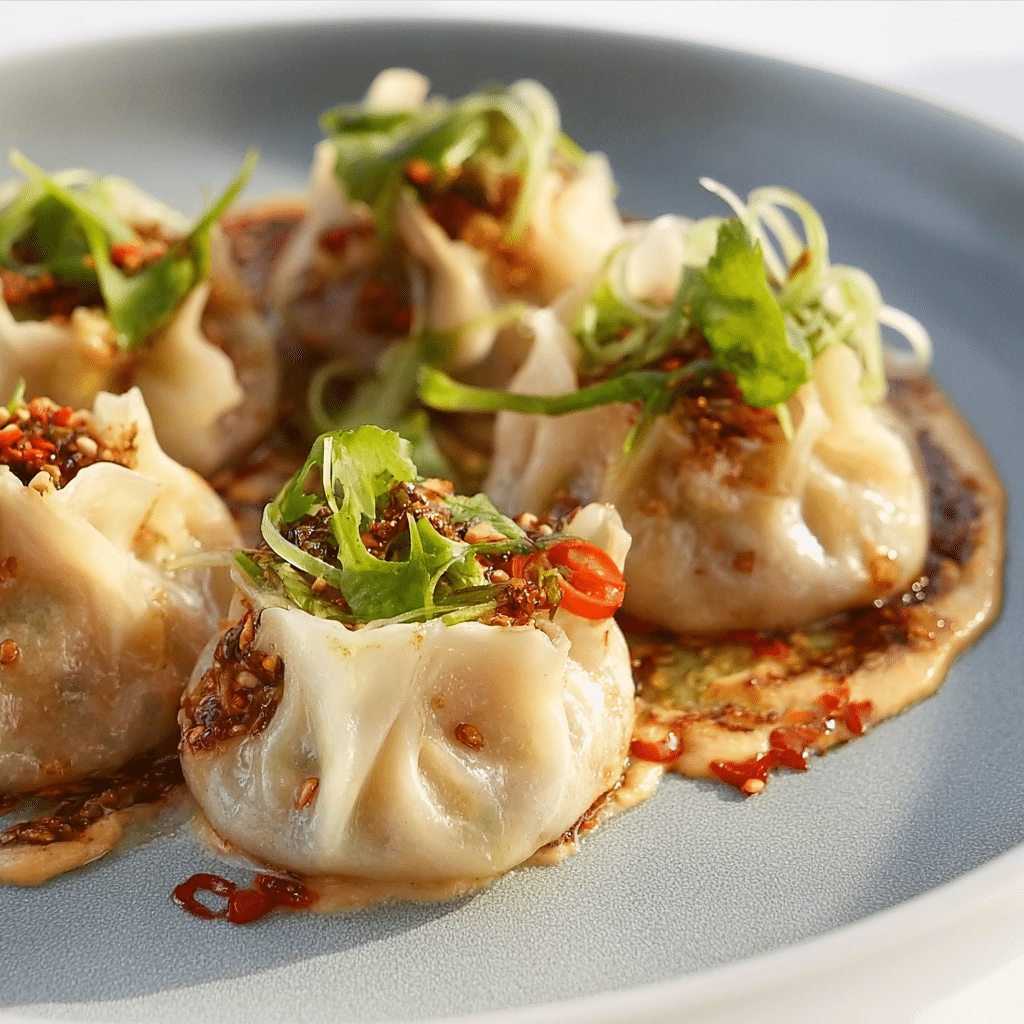 Chicken & Prawn Dumplings with Spicy Chili Tahini Dip