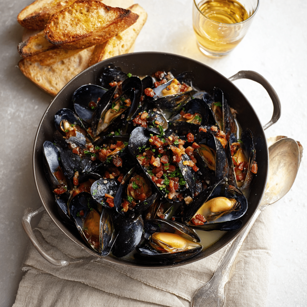 Moules Frites in White Wine & Pancetta