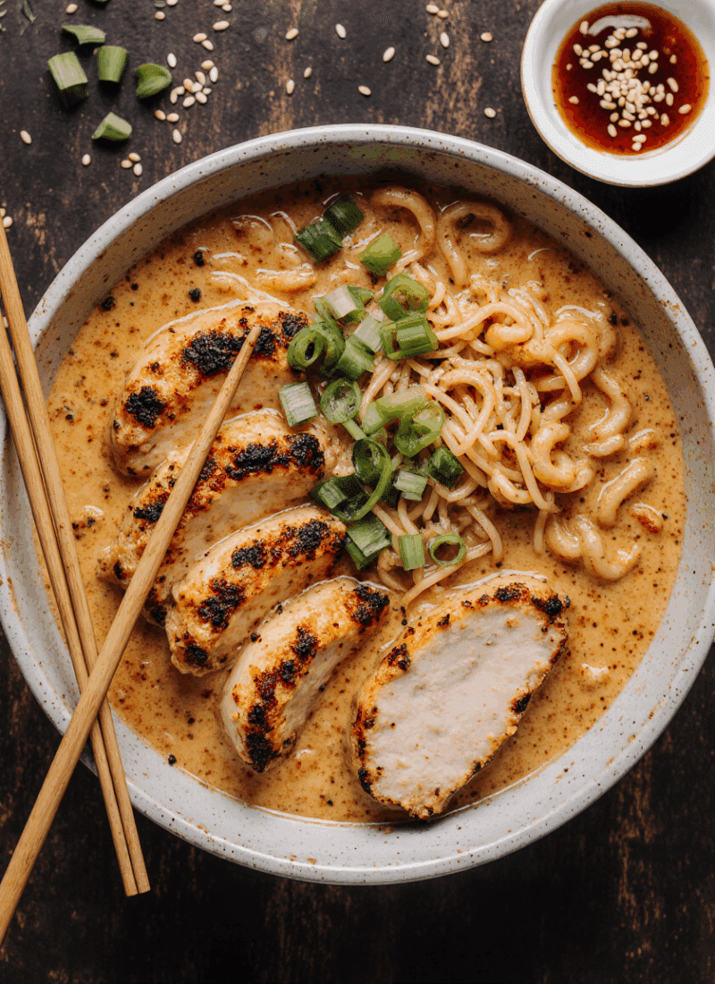 Fiery Chicken Ramen With Creamy Garlic Sauce