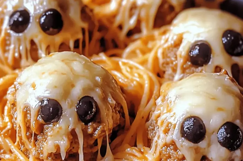 Spooky Spaghetti and Cheese Stuffed Meatballs