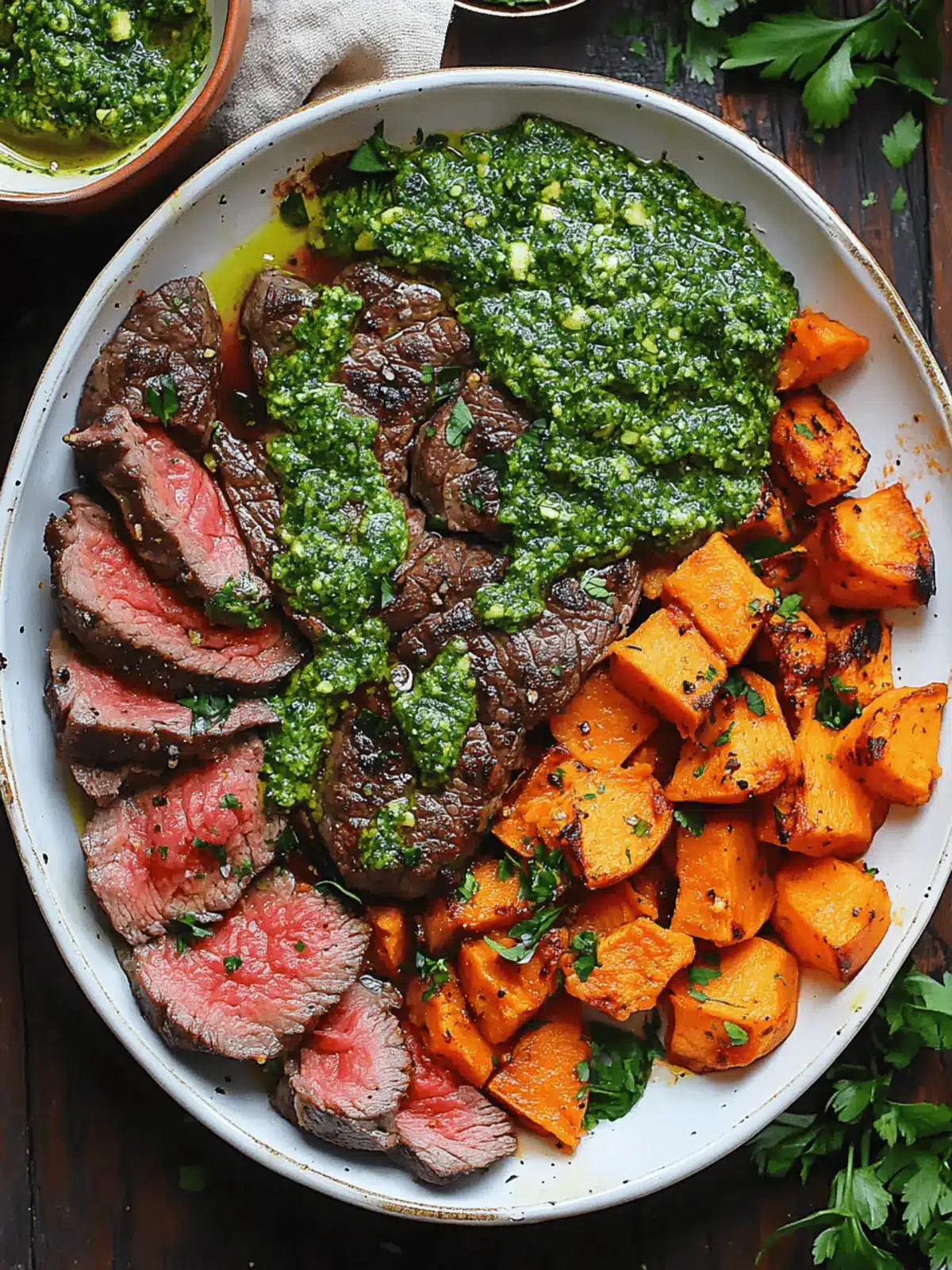 Steak with Green Sauce and Sweet Potatoes