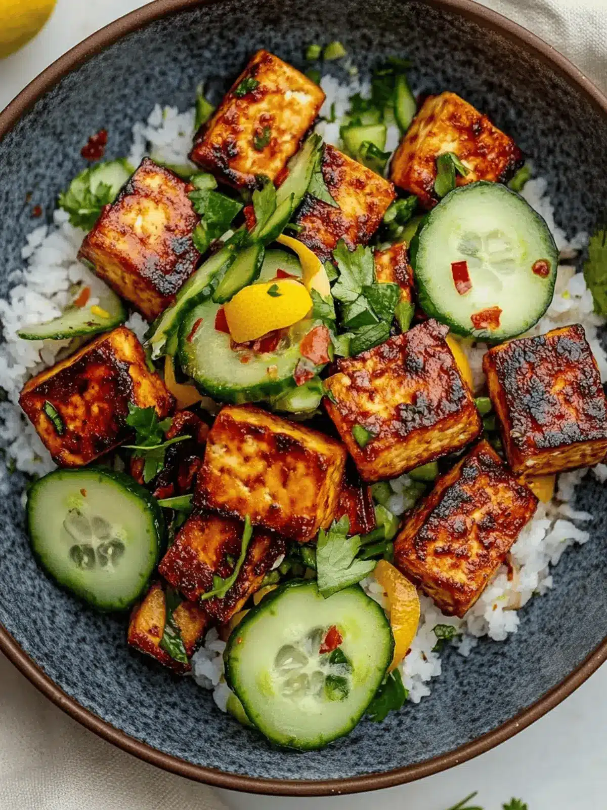 Old Bay Tofu with Lemon Pickled Cucumber Salad