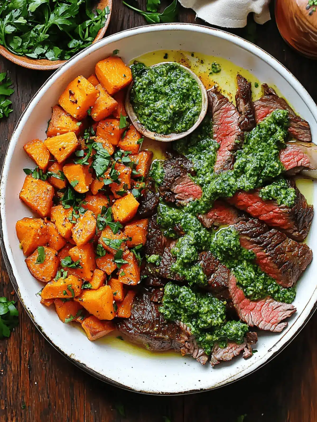 Steak with Green Sauce and Sweet Potatoes