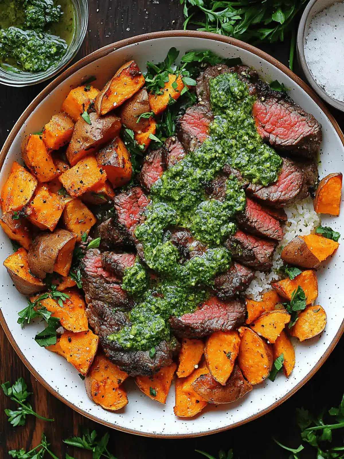 Steak with Green Sauce and Sweet Potatoes