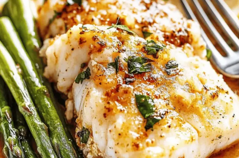 Garlic Butter Cod with Lemon Asparagus Skillet