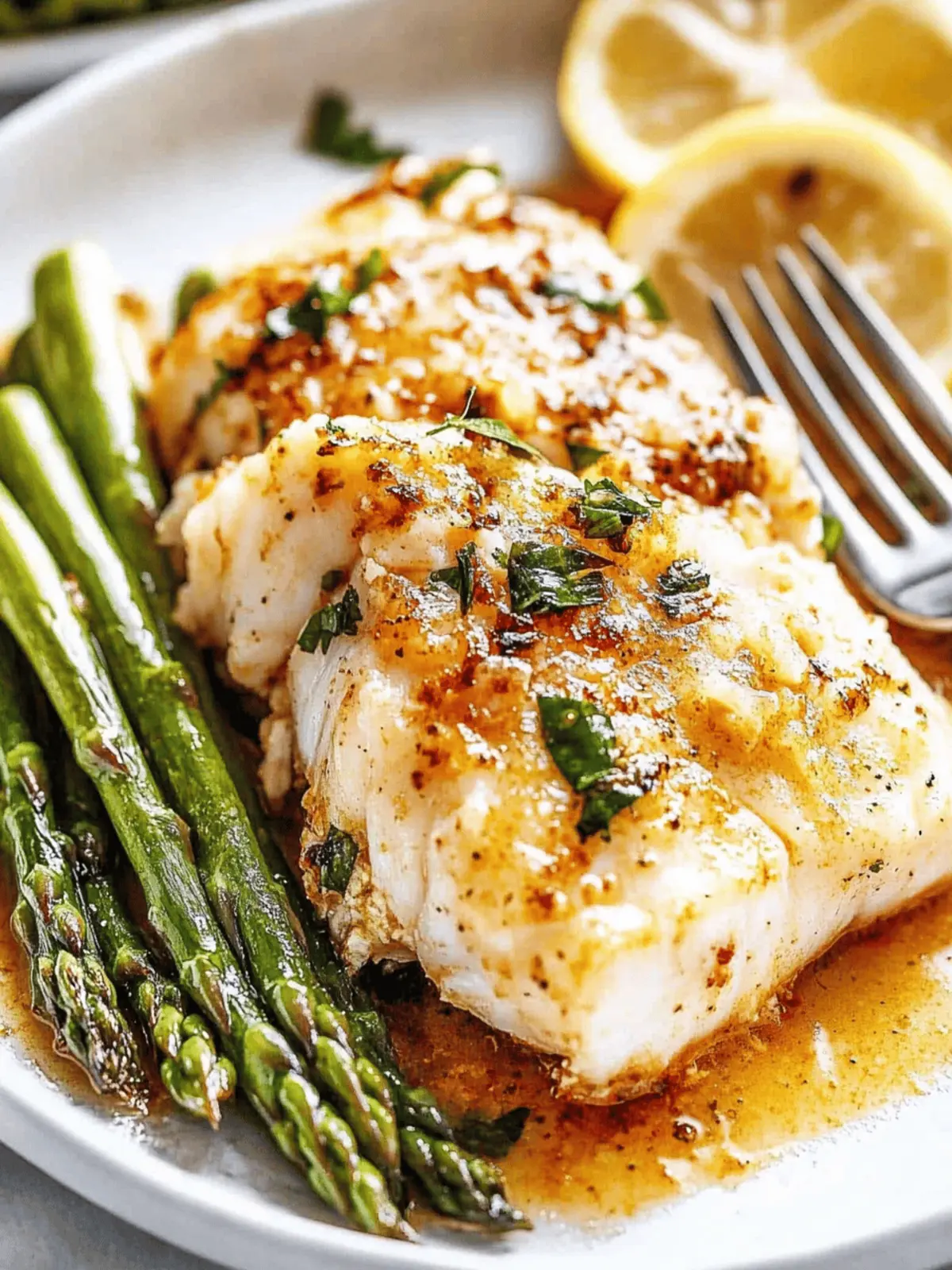 Garlic Butter Cod with Lemon Asparagus Skillet