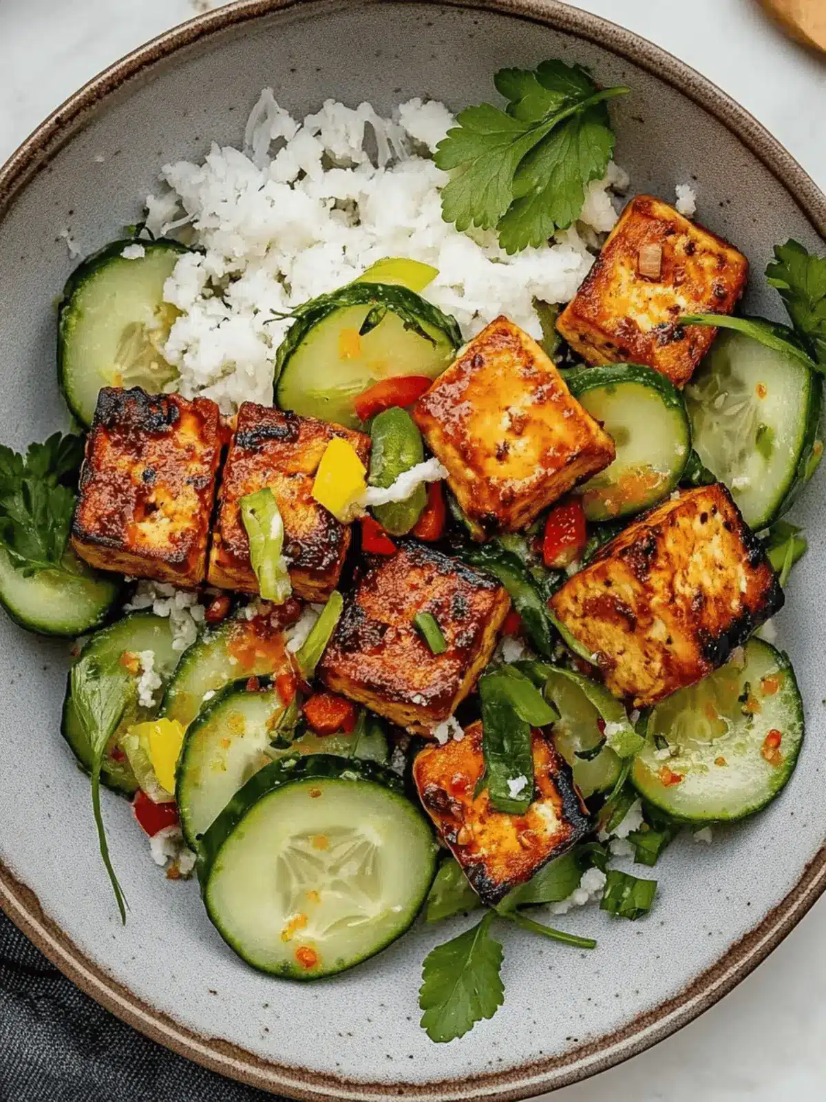 Old Bay Tofu with Lemon Pickled Cucumber Salad