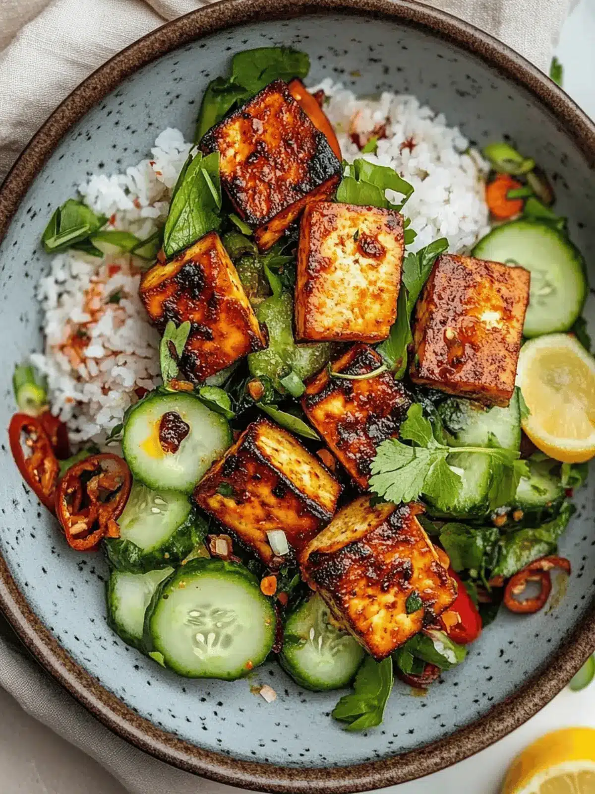 Old Bay Tofu with Lemon Pickled Cucumber Salad