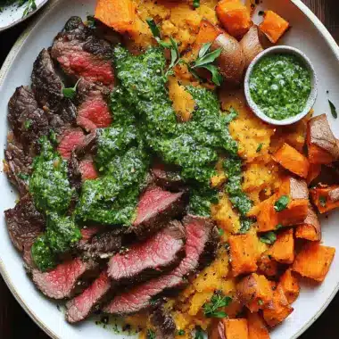 Steak with Green Sauce and Sweet Potatoes