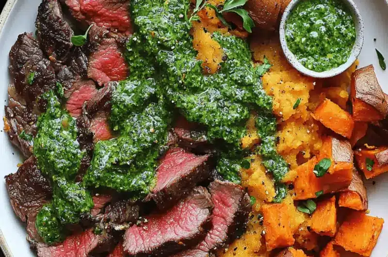 Steak with Green Sauce and Sweet Potatoes