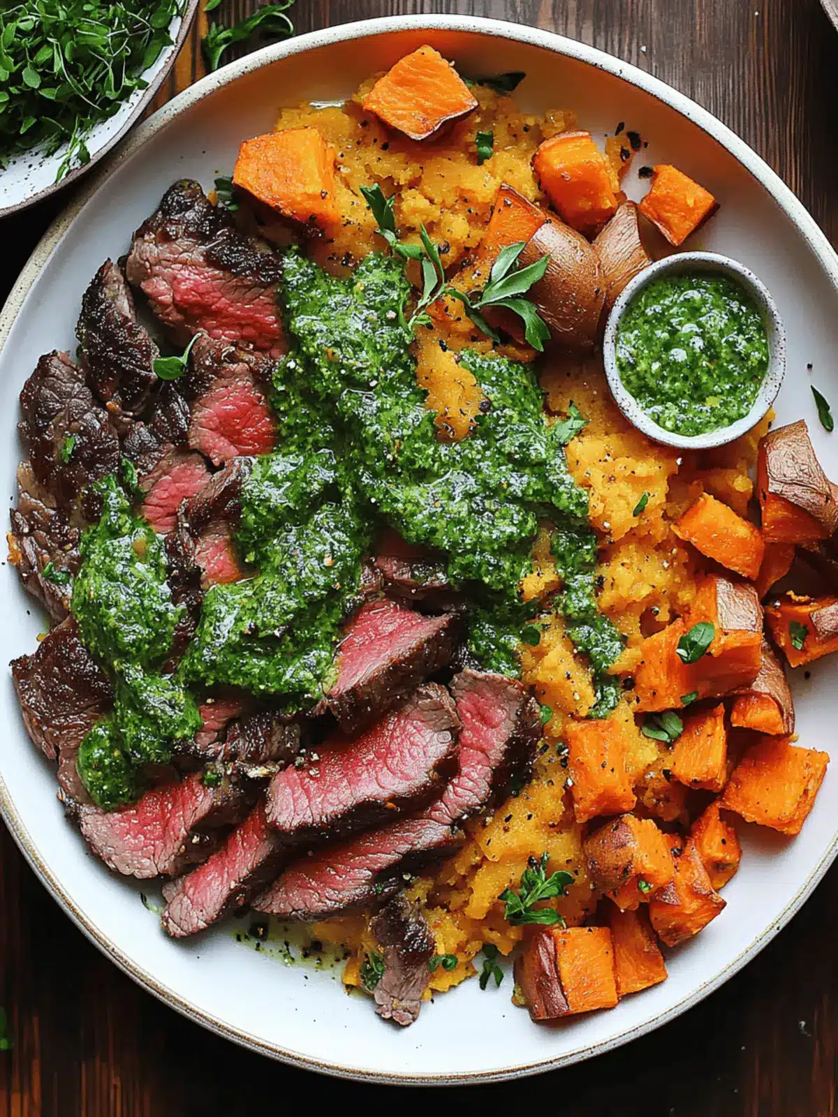 Steak with Green Sauce and Sweet Potatoes