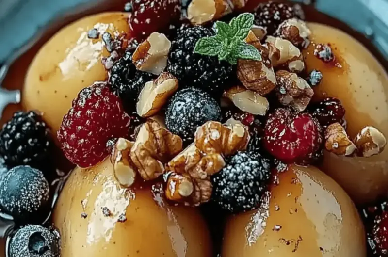 Baked Pears with Berries, Honey, Walnuts & Blue Cheese