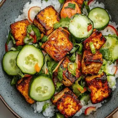 Old Bay Tofu with Lemon Pickled Cucumber Salad