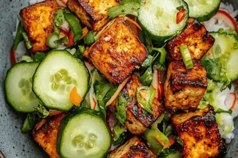 Old Bay Tofu with Lemon Pickled Cucumber Salad