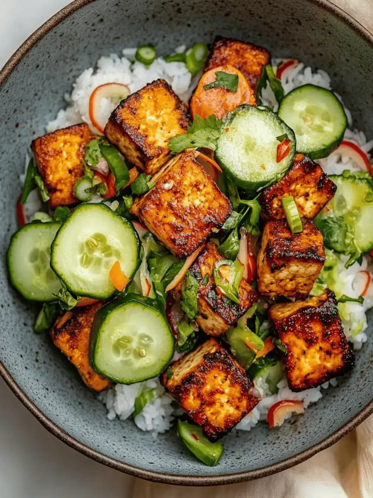 Old Bay Tofu with Lemon Pickled Cucumber Salad