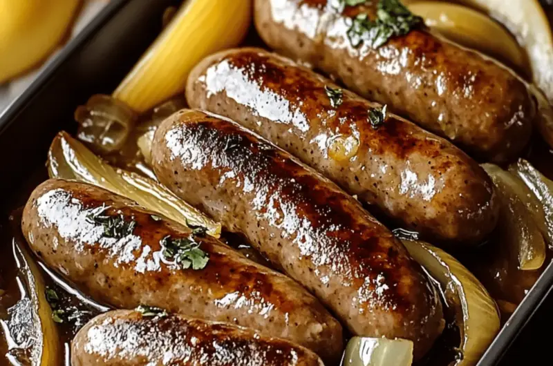 Oven-Braised Beer Brats with Apples & Onions