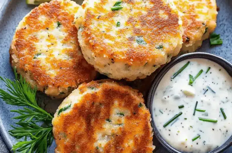 Salmon Cakes with Chive and Garlic Sauce