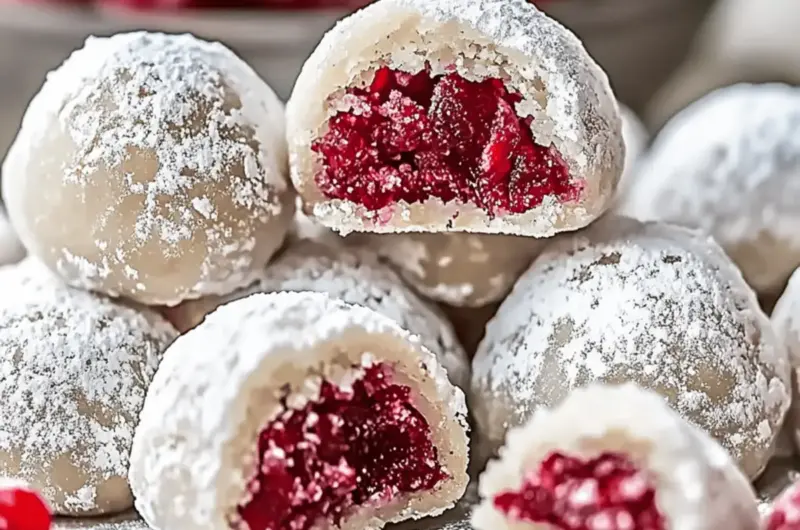 Raspberry Almond Snowball Cookies