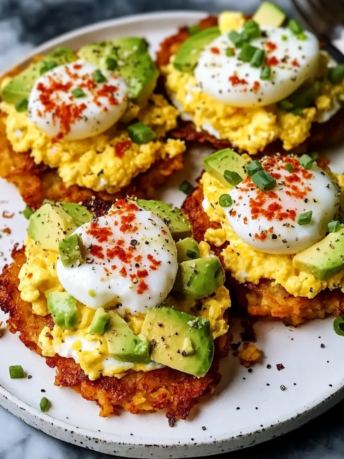Loaded Hash Browns with Scrambled Eggs and Avocado Bliss 5 Loaded Hash Browns with Scrambled Eggs, Avocado, and Cottage Cheese