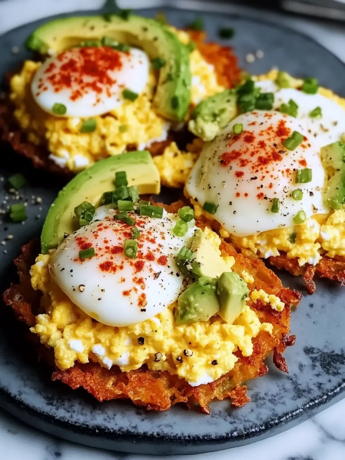 Loaded Hash Browns with Scrambled Eggs and Avocado Bliss 4 Loaded Hash Browns with Scrambled Eggs, Avocado, and Cottage Cheese