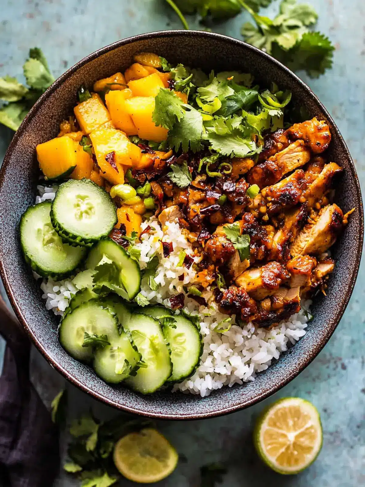 Chili Crisp Chicken Mango Cucumber Rice Bowl for Vibrant Flavor 3 Chili Crisp Chicken Mango Cucumber Rice Bowl