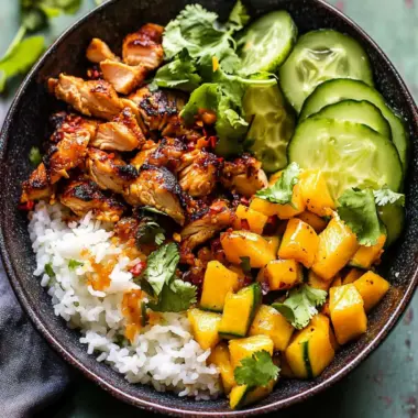 Chili Crisp Chicken Mango Cucumber Rice Bowl for Vibrant Flavor 9 Chili Crisp Chicken Mango Cucumber Rice Bowl