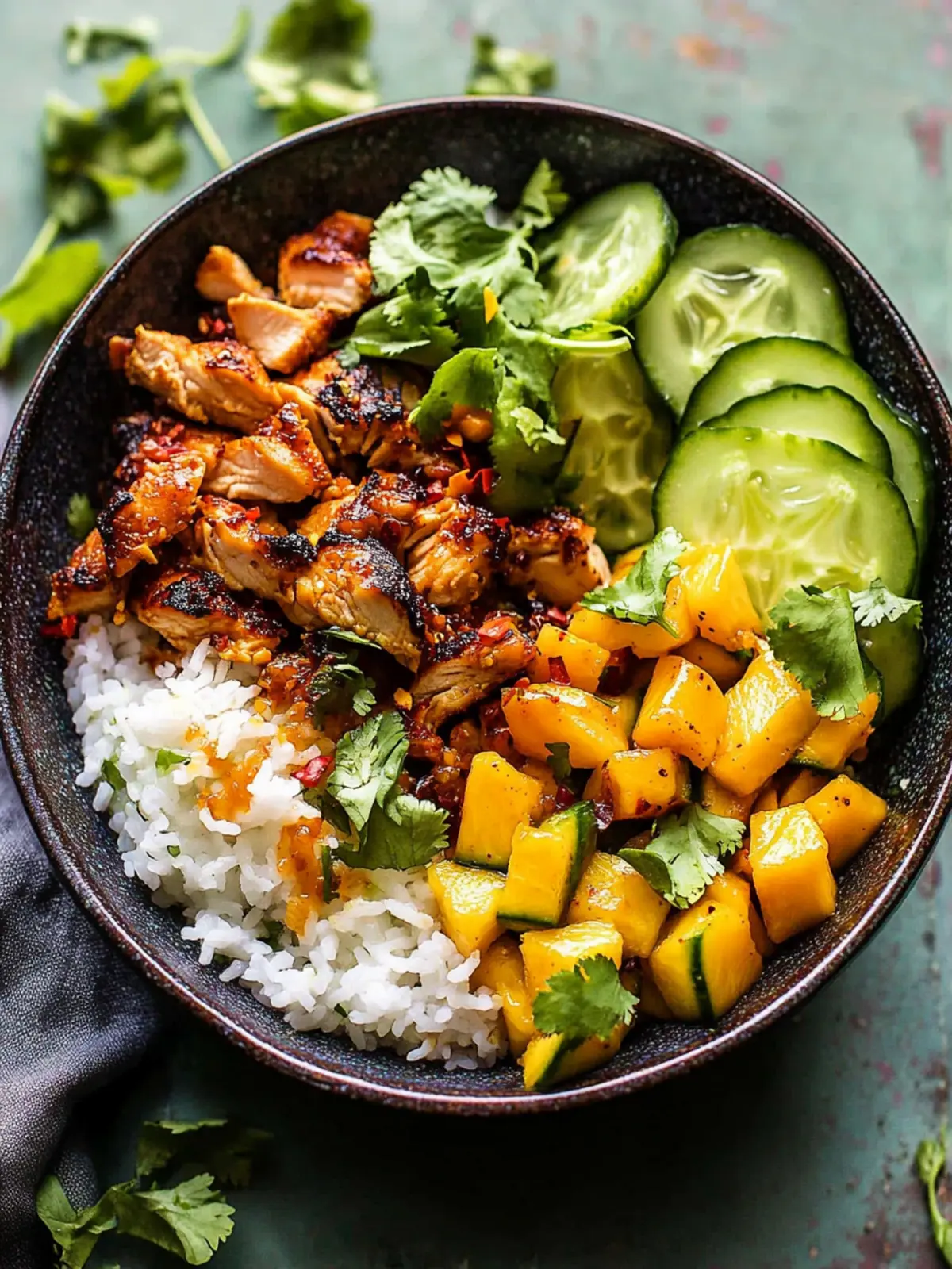 Chili Crisp Chicken Mango Cucumber Rice Bowl for Vibrant Flavor 5 Chili Crisp Chicken Mango Cucumber Rice Bowl