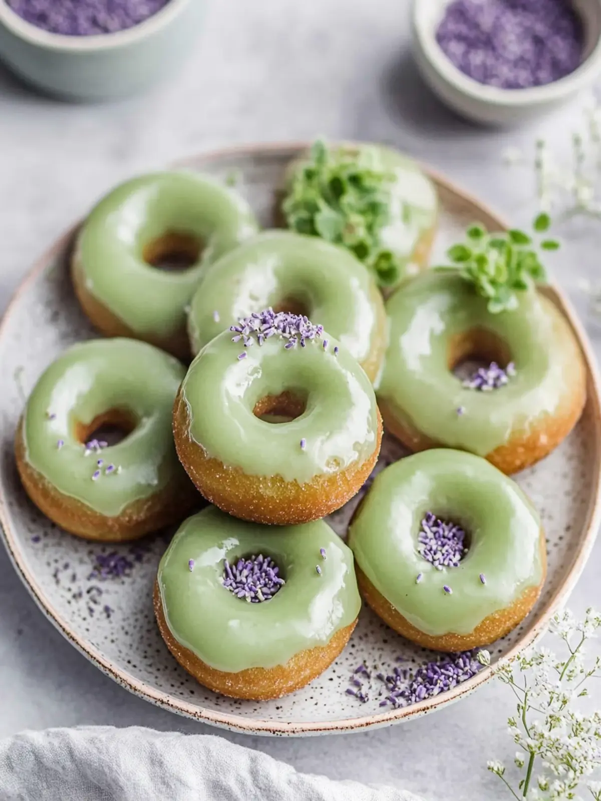 Irresistible Matcha Mini Donuts with Lavender Glaze Bliss 4 Matcha Mini Donuts with Lavender Glaze