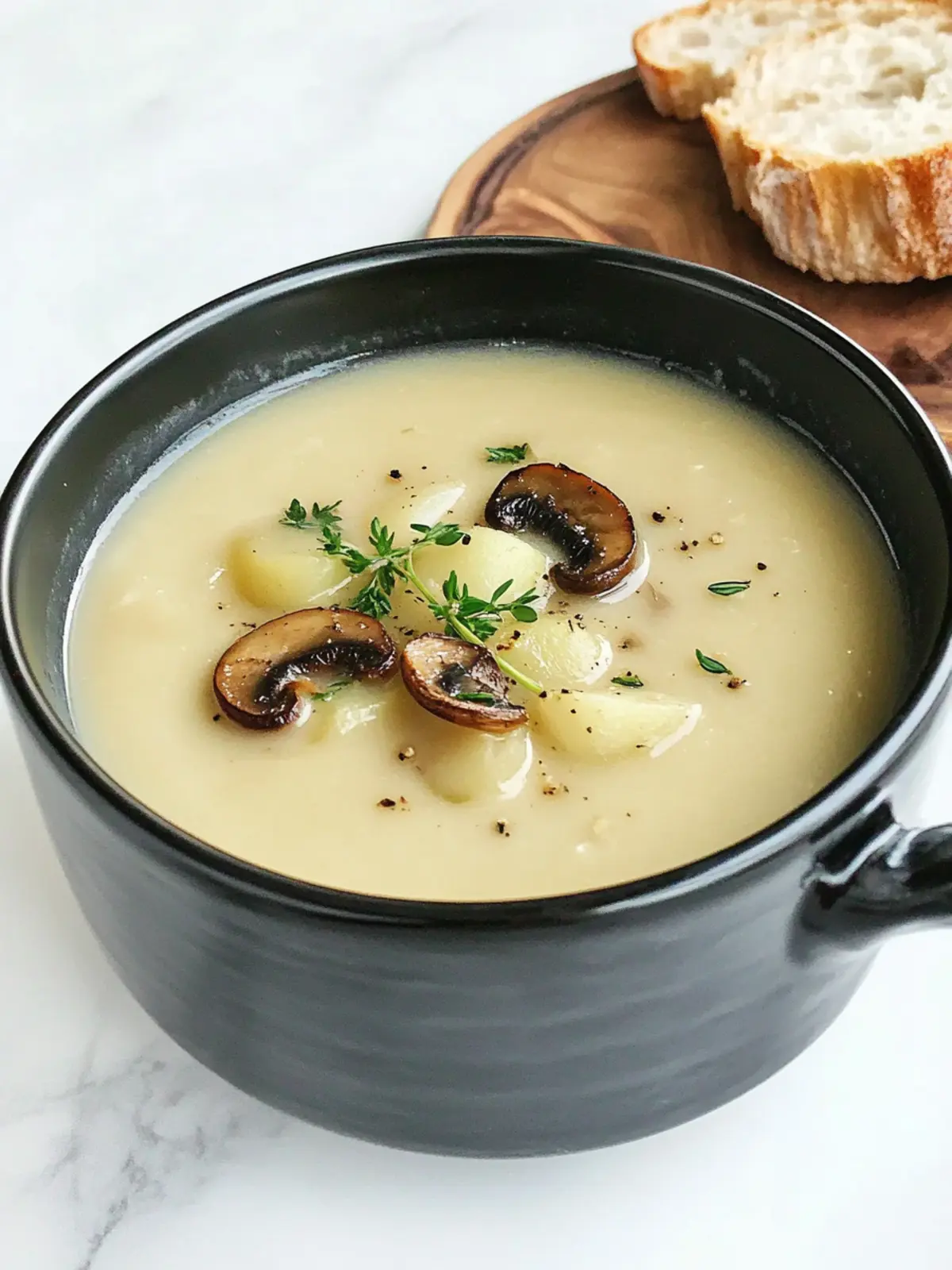 Cozy Up with Roasted Garlic & Creamy Potato Soup Delight 3 Roasted Garlic & Creamy Potato Soup with Seared Mushroom