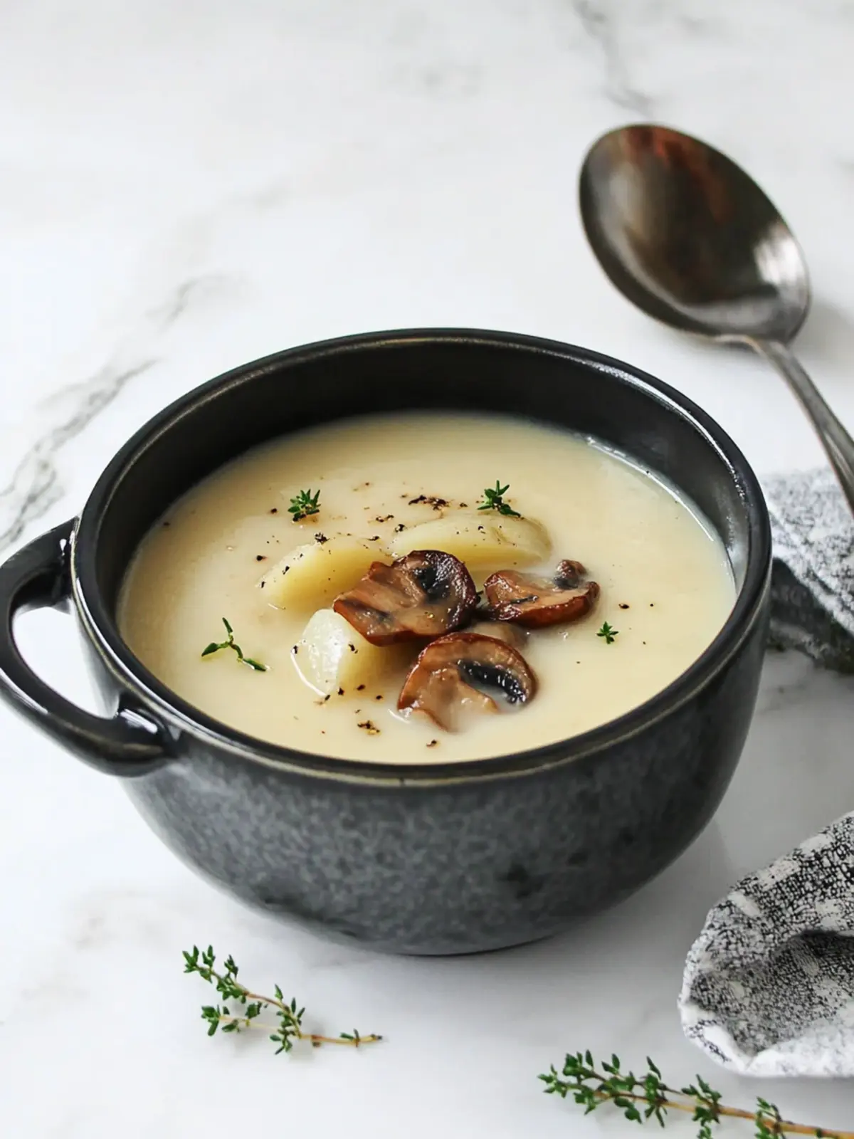 Cozy Up with Roasted Garlic & Creamy Potato Soup Delight 4 Roasted Garlic & Creamy Potato Soup with Seared Mushroom